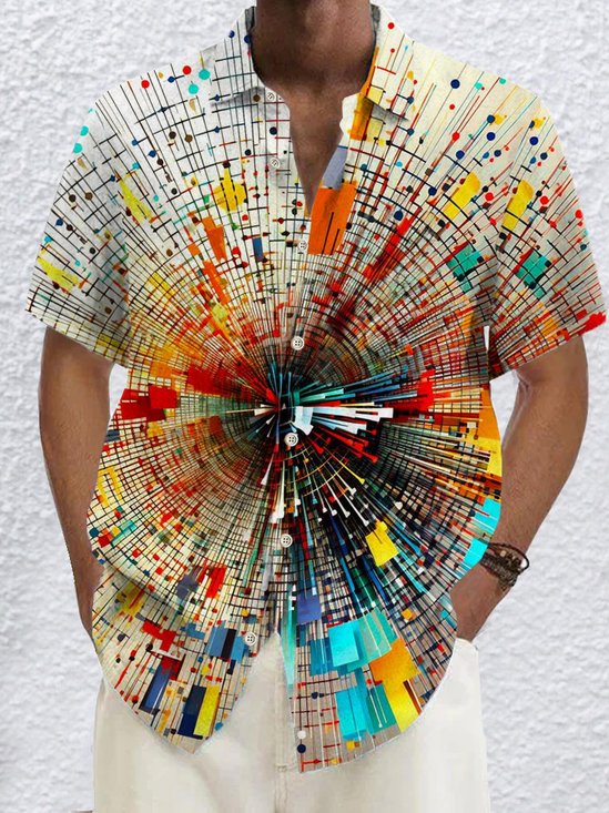 Royaura®Hawaiian Abstract Art Neon Combination Print Men's Button Pocket Short Sleeve Shirt