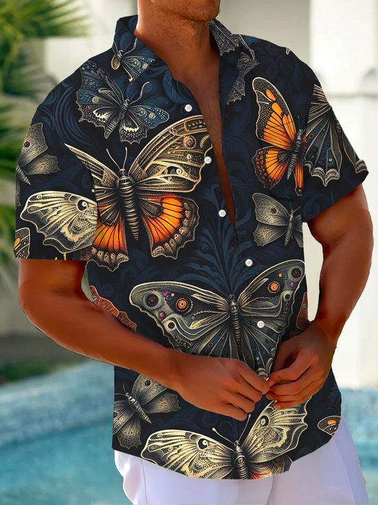 Royaura®Hawaiian Butterfly Print Men's Button Pocket Short Sleeve Shirt
