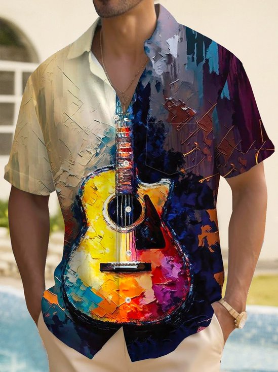 Royaura®Retro Musical Instrument Music Art Oil Painting Print Men's Button Pocket Short Sleeve Shirt
