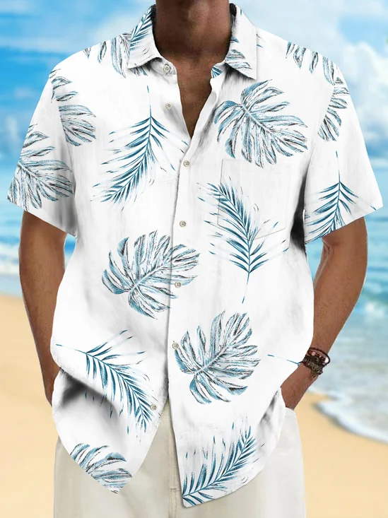 Royaura® Beach Vacation Men's Hawaiian Shirt Palm Leaf Print Pocket Camping Shirt