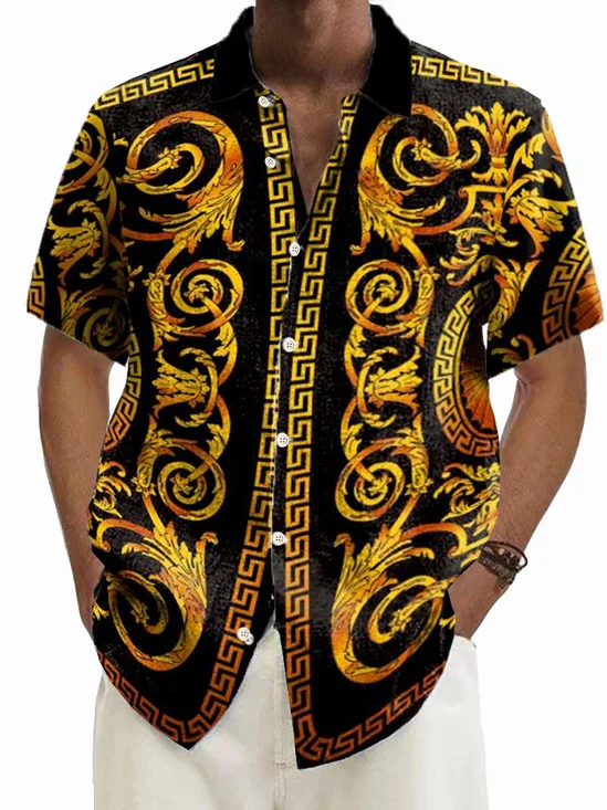 Royaura®Vintage Gold Floral Geometric Print Men's Button Pocket Short Sleeve Shirt