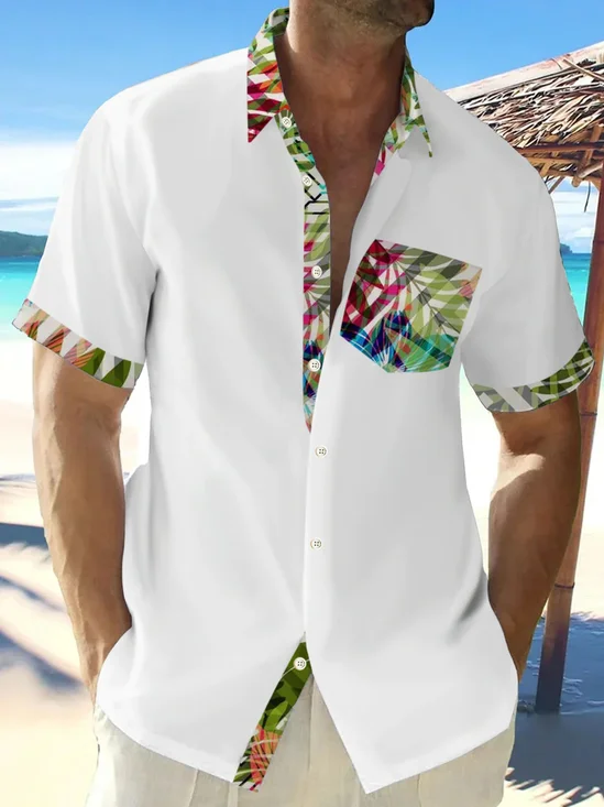Royaura®Hawaiian Contrast Floral Print Men's Button Pocket Short Sleeve Shirt