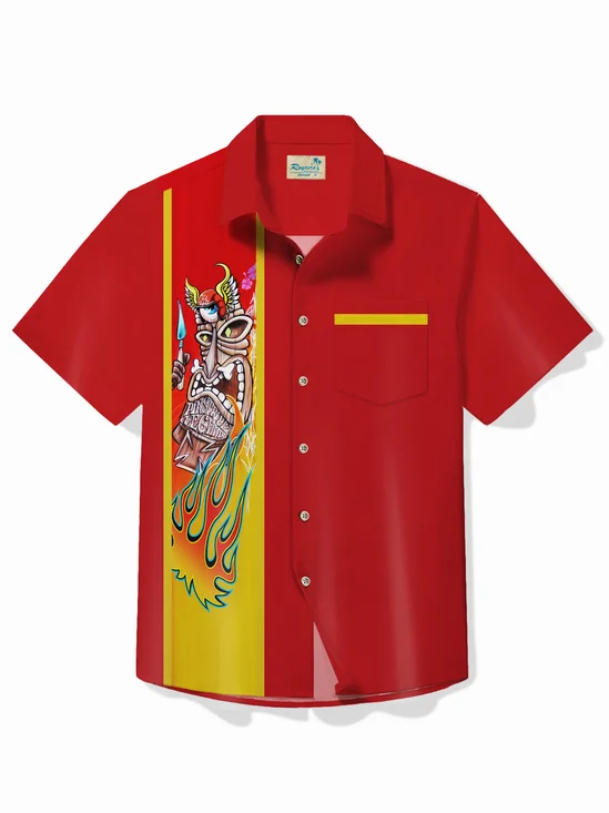 Royaura® 50's Retro Pinstripe TIKI Art Men's Bowling Shirt Cartoon Stretch Pocket Camp Shirt Big Tall