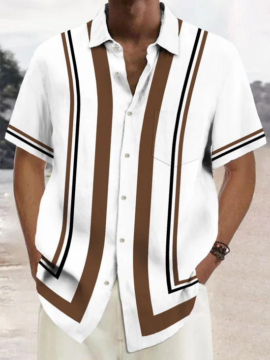 Royaura® Vintage Geometric Line Print Chest Pocket Shirt Plus Size Men's Shirt