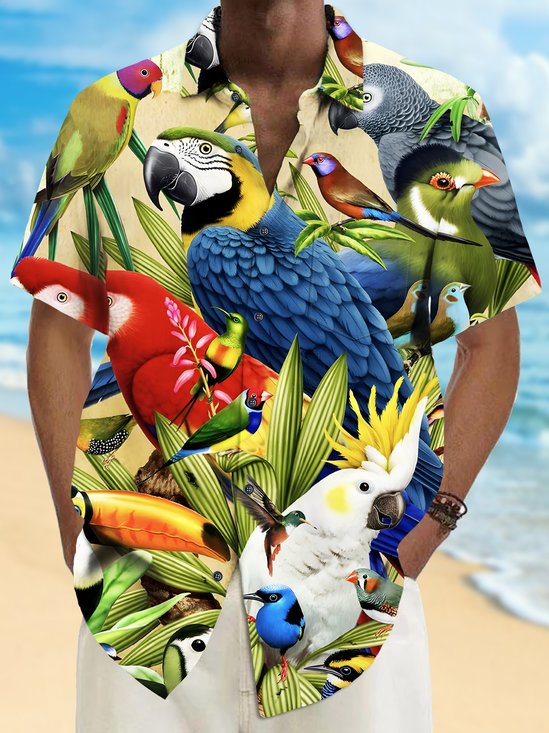 Royaura® Beach Vacation Men's Hawaiian Shirt Parrot Print Pocket Camping Shirt