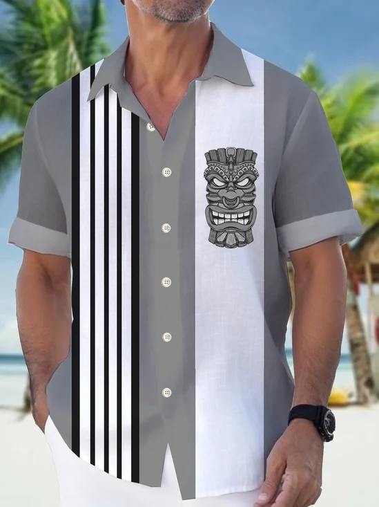 Royaura®Hawaiian Tiki Print Men's Button Pocket Short Sleeve Shirt