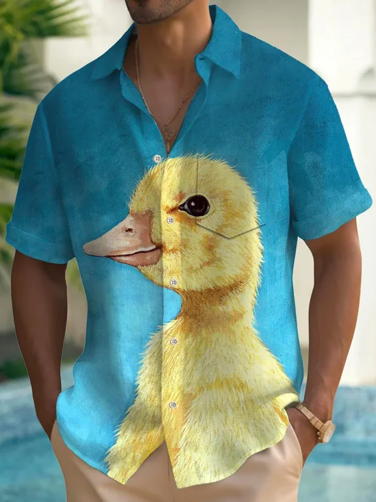 Royaura®Hawaiian Duck Print Men's Button Pocket Short Sleeve Shirt