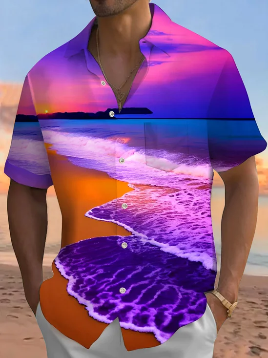 Royaura®Hawaiian Beach Wave Landscape Print Men's Button Pocket Short Sleeve Shirt