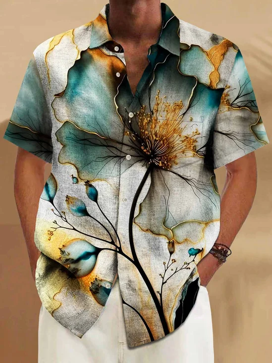 Royaura® 50's Vintage Gilt Floral Men's Art Hawaiian Shirt Stretch Pocket Camp Shirt Big Tall