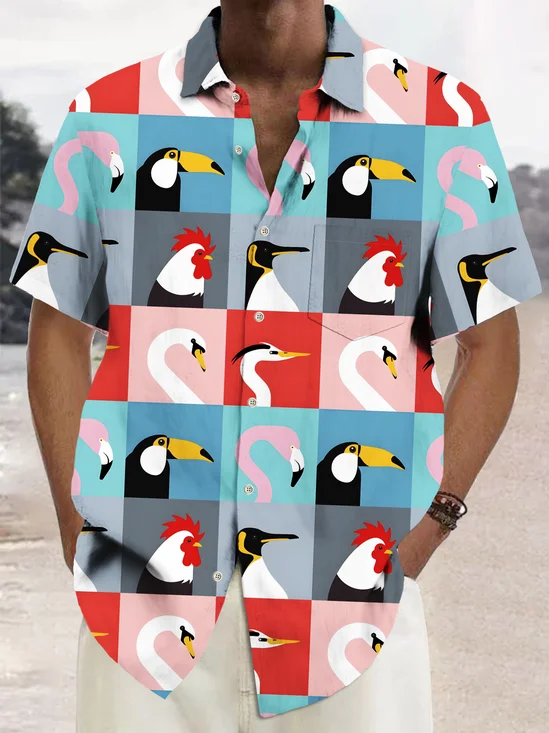 Royaura® Beach Vacation Men's Hawaiian Shirt Geometric Toucan Flamingo Chicken Swan Print Pocket Camping Shirt