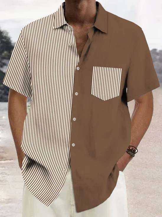 Royaura® Vintage Brown Striped Print Chest Pocket Shirt Large Size Men's Shirt