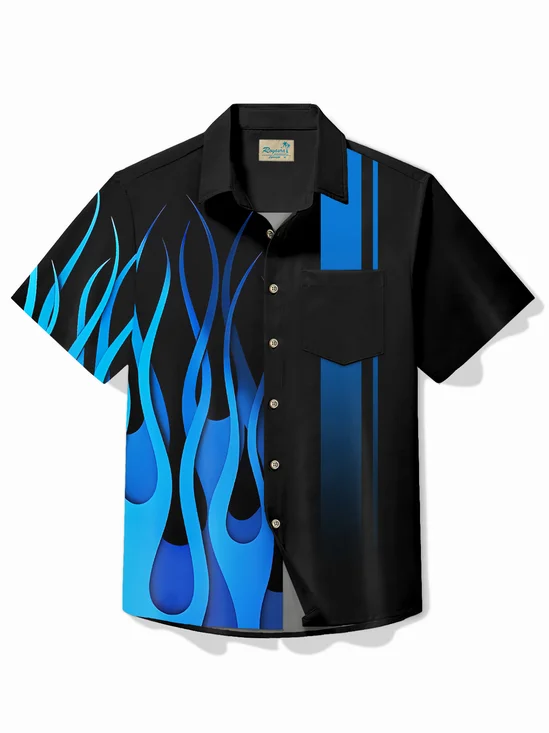 Royaura® Vintage Bowling Blue Flame Print Chest Pocket Shirt Plus Size Men's Shirt