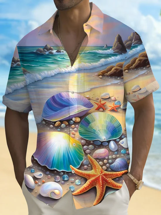 Royaura®Hawaiian Beach Shell Print Men's Button Pocket Short Sleeve Shirt