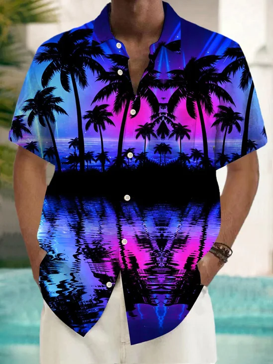 Royaura®Coconut Tree Sunset Landscape Print Men's Button Pocket Short Sleeve Shirt