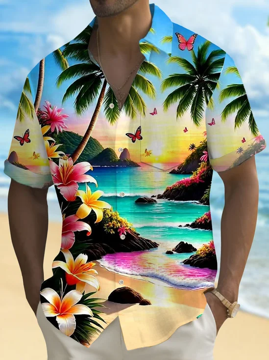 Royaura®Hawaiian Floral Coconut Tree Butterfly Beach Men's Button Pocket Short Sleeve Shirt