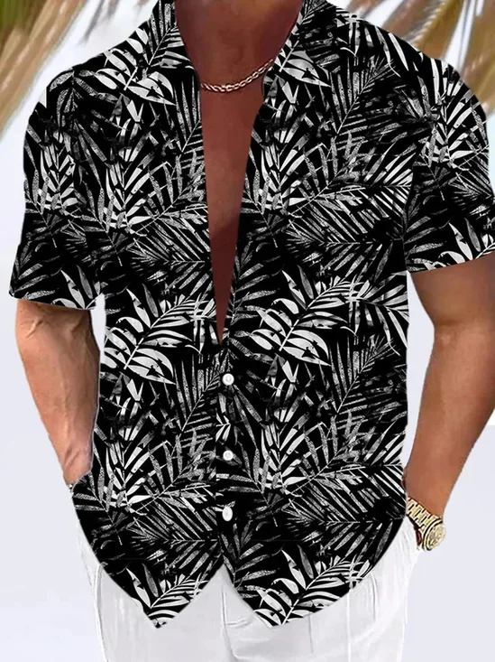 Royaura®Hawaiian Plant Leaf Print Men's Button Pocket Short Sleeve Shirt