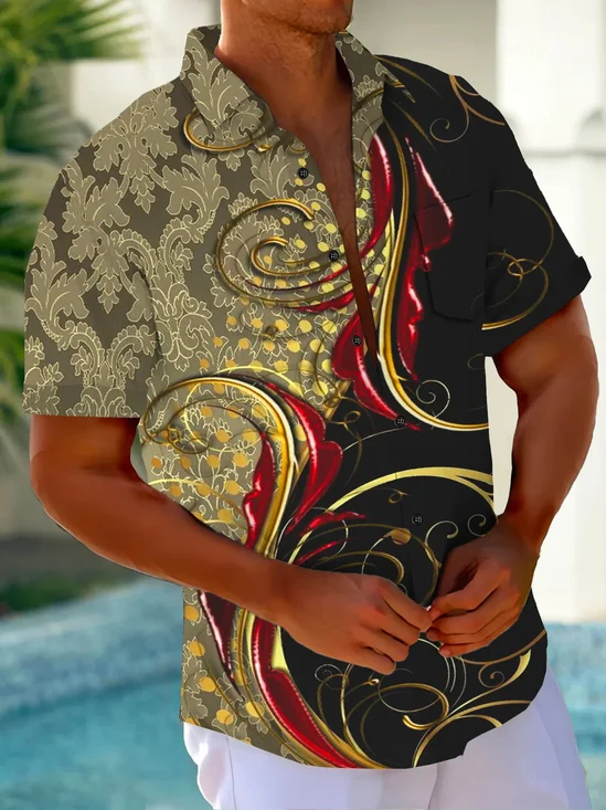 Royaura® Vintage Black Gold Ethnic Graphic Print Chest Pocket Shirt Plus Size Men's Shirt