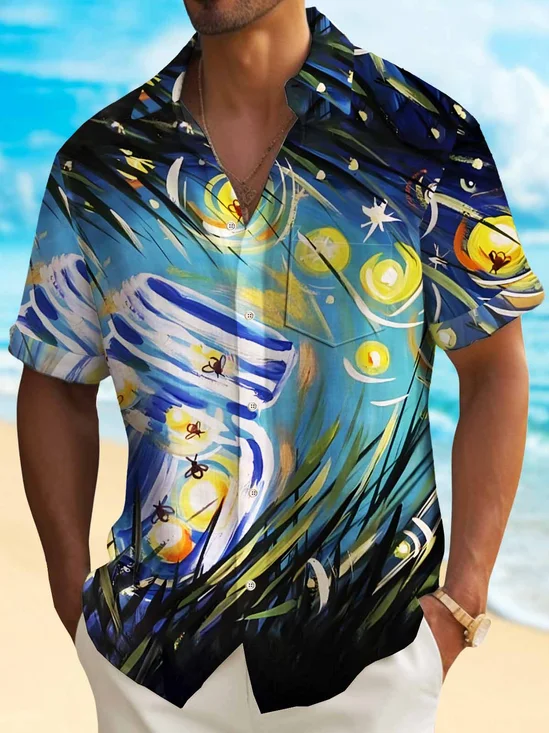 Royaura® Art Firefly Men's Hawaiian Shirt Stretch Pocket Camp Shirt Big Tall