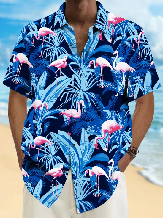 Royaura® Beach Vacation Men's Hawaiian Shirt Floral Flamingo Print Pocket Camping Shirt