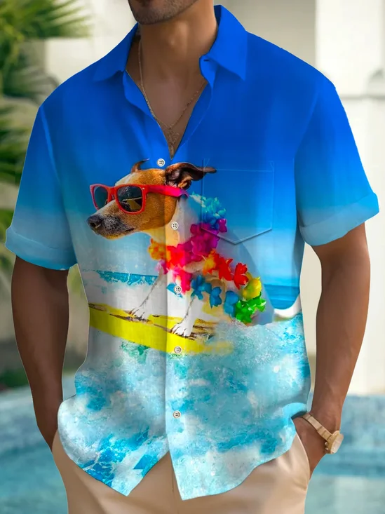Royaura®Hawaiian Dog Surf Print Men's Button Pocket Short Sleeve Shirt