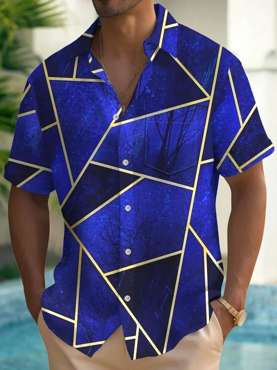 Royaura®Retro Geometric Color Block Print Men's Button Pocket Short Sleeve Shirt