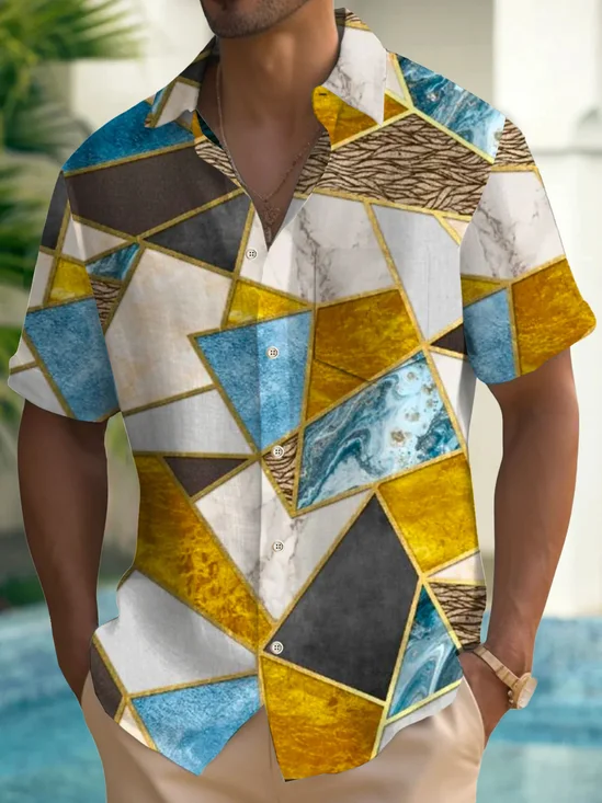 Royaura®Retro Geometric Color Block Gradient Print Men's Button Pocket Short Sleeve Shirt