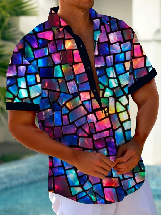 Royaura®Retro 3D Color Block Print Men's Button Pocket Short Sleeve Shirt