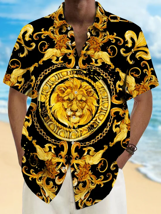 Royaura® Vintage Golden Lion Baroque Print Chest Pocket Shirt Plus Size Men's Shirt