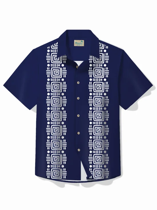 Royaura® Vintage Bowling Abstract Lines Ethnic Pattern Print Chest Pocket Shirt Plus Size Men's Shirt