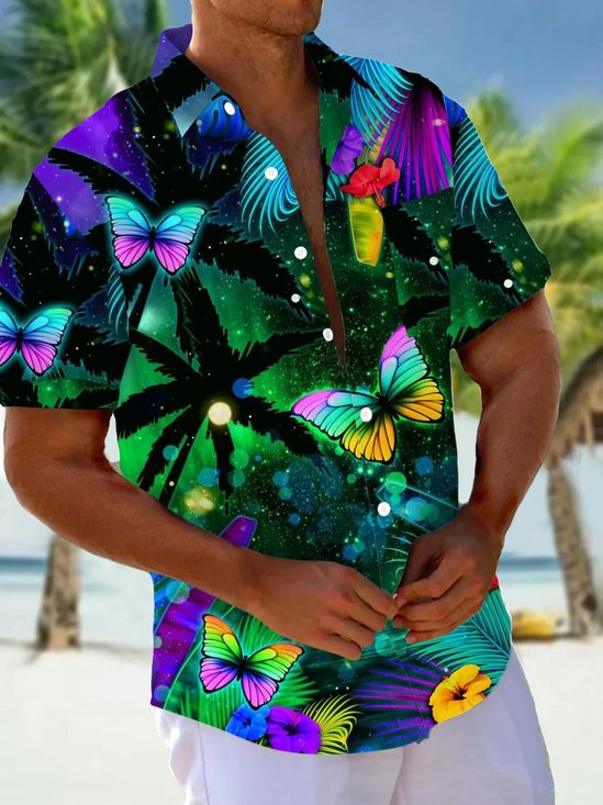 Royaura®Hawaiian Butterfly Floral Print Men's Button Pocket Short Sleeve Shirt