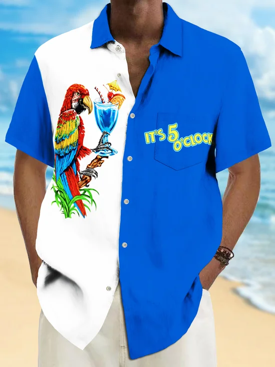Royaura® Vintage Bowling Parrot 5 O'clock Print Chest Pocket Shirt Plus Size Men's Shirt