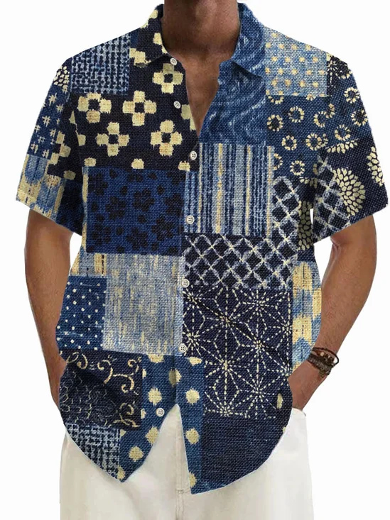 Royaura®Retro Geometric Contrast Print Men's Button Pocket Short Sleeve Shirt