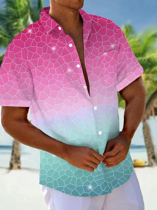 Royaura®Hawaiian Gradient Geometric Print Men's Button Pocket Short Sleeve Shirt