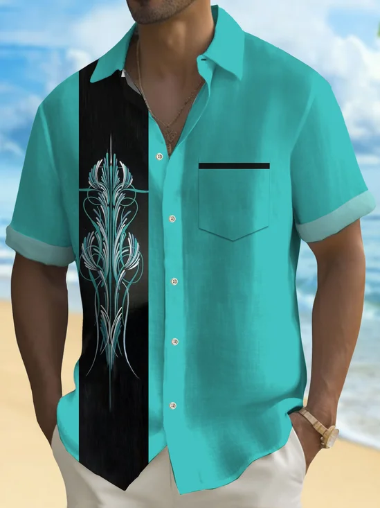 Royaura®Retro Bowling Automotive  Pinstriped Gradient Print Men's Button Pocket Short Sleeve Shirt
