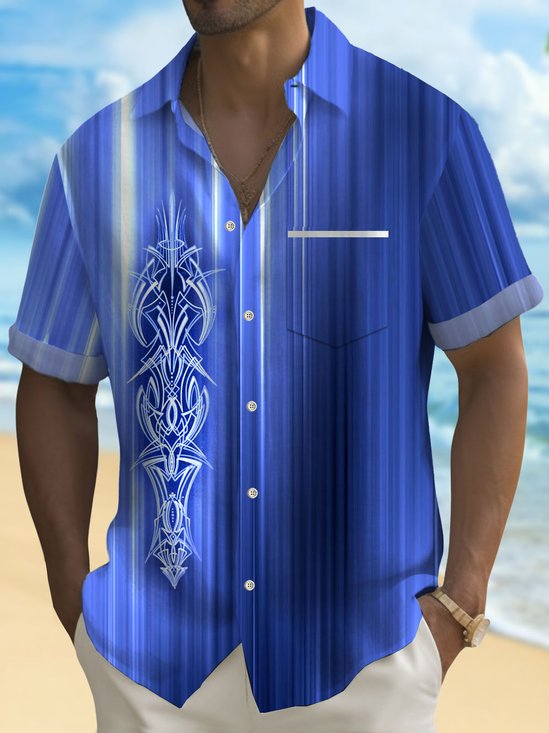 Royaura®Retro Car Pinstriped Gradient Print Men's Button Pocket Short Sleeve Shirt