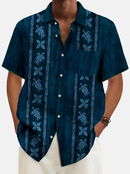 Royaura® 60's Vintage Men's Guayabera Shirt Turtle Plumeria Stretch Pocket Camp Shirt Big Tall