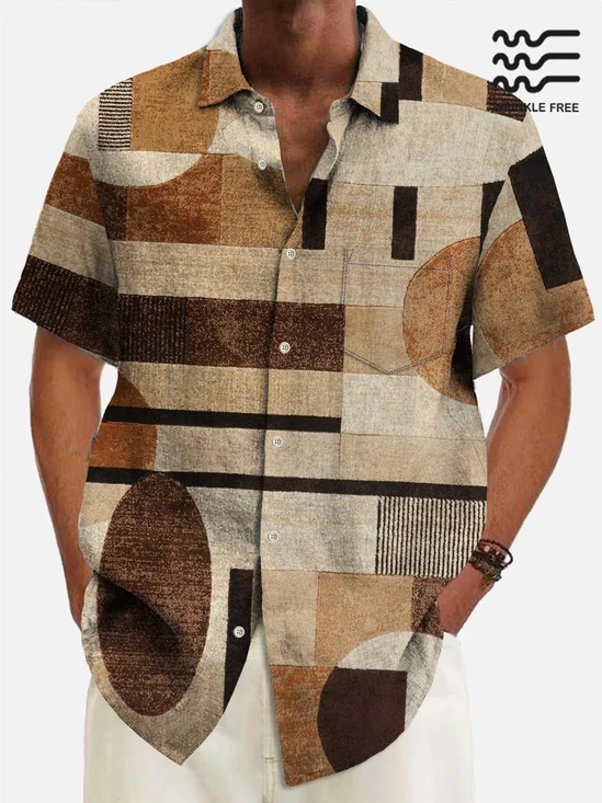 Royaura® 60's Retro Mid-Century Geometric Men's Shirt Wrinkle Free Seersucker Stretch Camp Pocket Shirt Big Tall