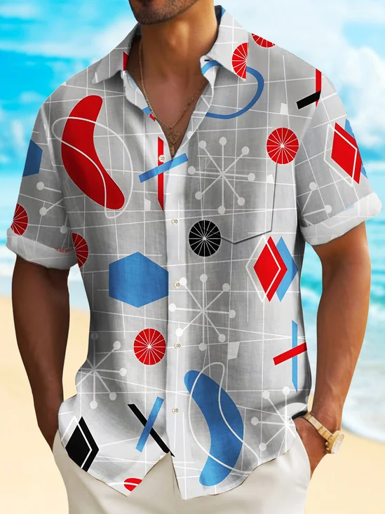 Royaura® 60s Retro Mid-Century Geometric Men's Shirt Stretch Camp Pocket Shirt Big Tall