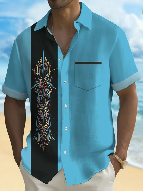 Royaura®Retro Automotive Pinstriped Contrast Print Men's Button Pocket Short Sleeve Shirt