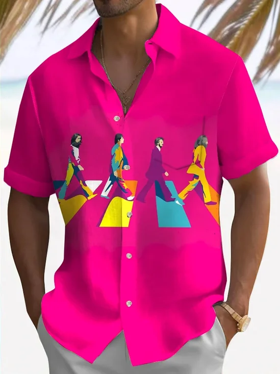 Royaura®60s Cartoon Music Print Men's Button Pocket Short Sleeve Shirt