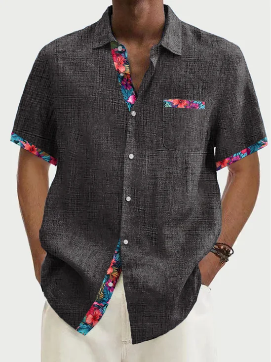 Royaura® Textured Men's Hawaiian Shirt Floral Art Patchwork Men's Pocket Camp Shirt Big Tall