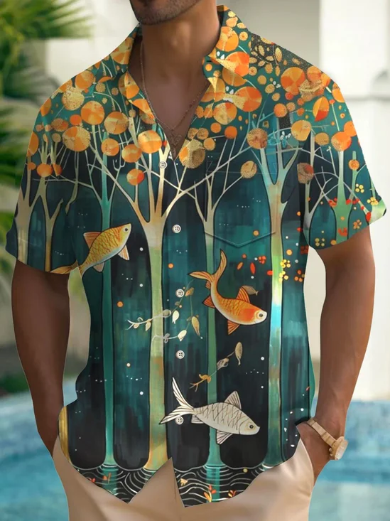 Royaura®Hawaii Creative Art Print Men's Button Pocket Short Sleeve Shirt