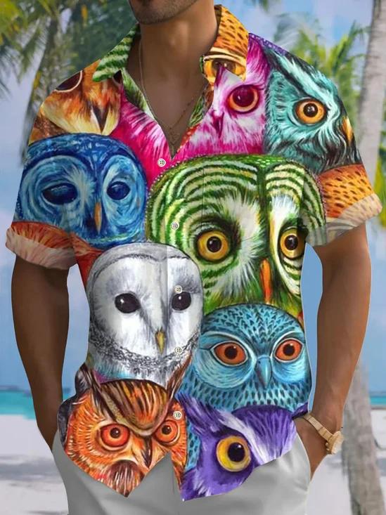 Royaura®Hawaiian Animal Owl Print Men's Button Pocket Short Sleeve Shirt