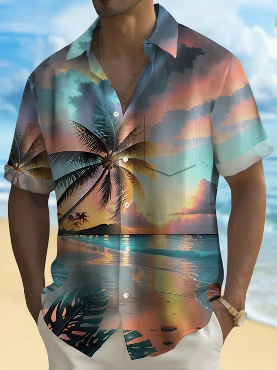 Royaura®Hawaiian Coconut Tree Ombre Print Men's Button Pocket Short Sleeve Shirt