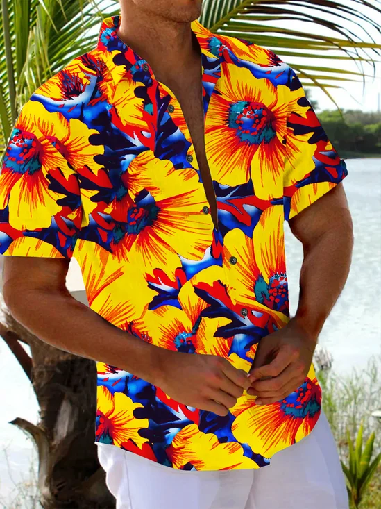 Royaura® Beach Vacation Men's Hawaiian Shirt Yellow Floral Print Pocket Camping Shirt