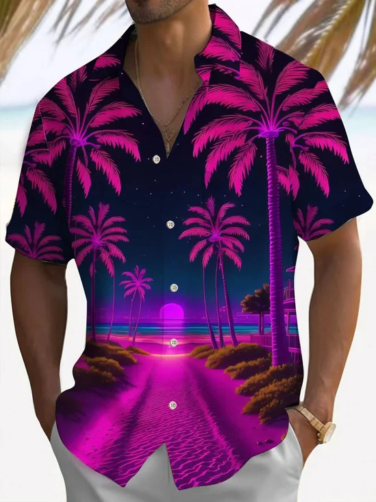 Royaura® Hawaiian Coconut Tree Sunset Landscape Print Men's Button Pocket Short Sleeve Shirt