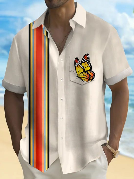 Royaura® Hawaiian Bowling Butterfly Print Men's Button Pocket Short Sleeve Shirt