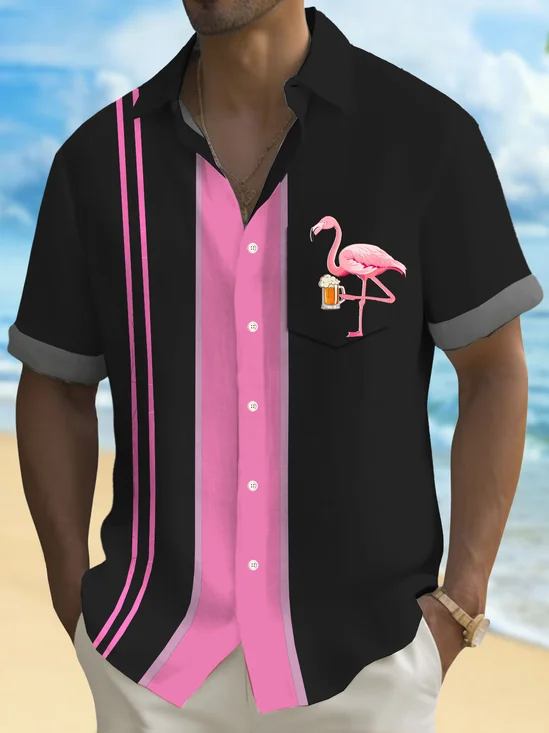 Royaura® Vintage Flamingo Beer Print Men's Button Pocket Short Sleeve Shirt