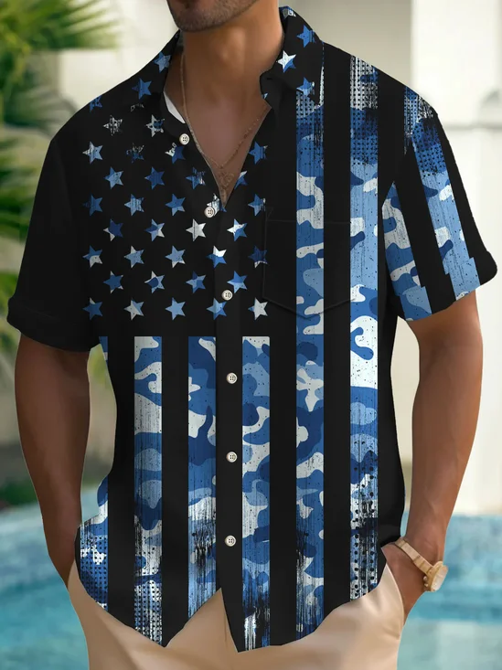 Royaura® Vintage Flag Print Men's Button Pocket Short Sleeve Shirt