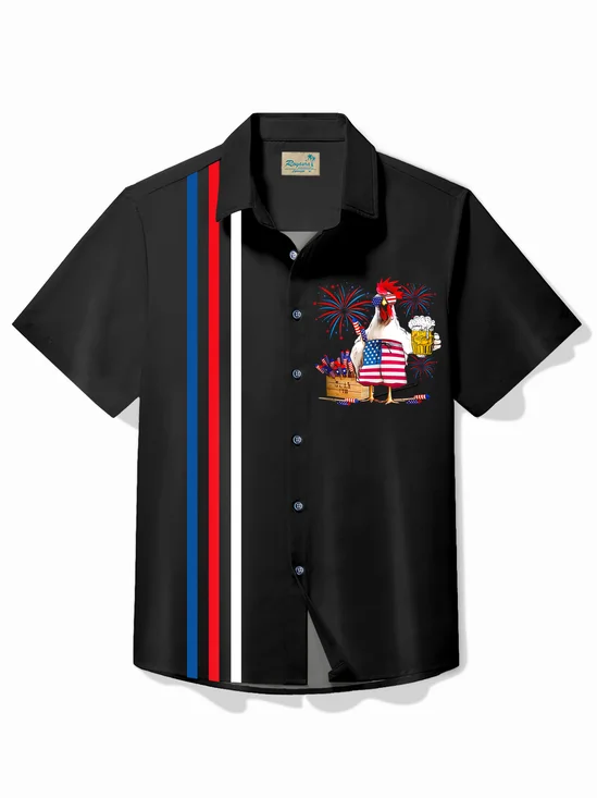 Royaura® Vintage Bowling American Flag Rooster Print Chest Pocket Shirt Plus Size Men's Shirt